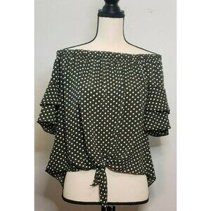 Paradiso Olive Green White Top Sz Small Polka Dot Off Shoulder Tiered Sleeve Tie